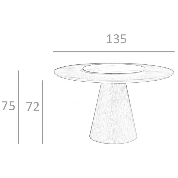 Runder Esstisch aus Walnussholz und Drehteller aus Porzellan